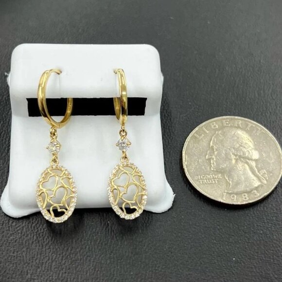 NEW 14K Yellow Gold Huggie Heart Earrings CZ Dangle - Picture 3 of 3
